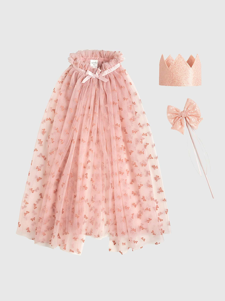 Image 1 of 1, Made for little ones ready to twirl through magical adventures, royal celebrations, and endless imaginative play. Sweet Wink Dress Up Kits include everything needed for the ultimate dress-up ensemble., A flowing cape featuring a delicate allover bows and soft layers of tulle, perfect for magical adventures, tea parties, and dress-up days. The easy Velcro closure lets little ones dress themselves with ease., Finished with a sparkling bow topper and flowing ribbons, the wand is made for granting wishes, inspiring imagination, and adding a little magic to every adventure., A glittering crown designed to complete every look and inspire endless imaginative adventures., Sweet Wink is a mother-daughter business - all items are designed in their New York showroom and every order is packed with love by their team of local employees and shipped form their hometown warehouse.