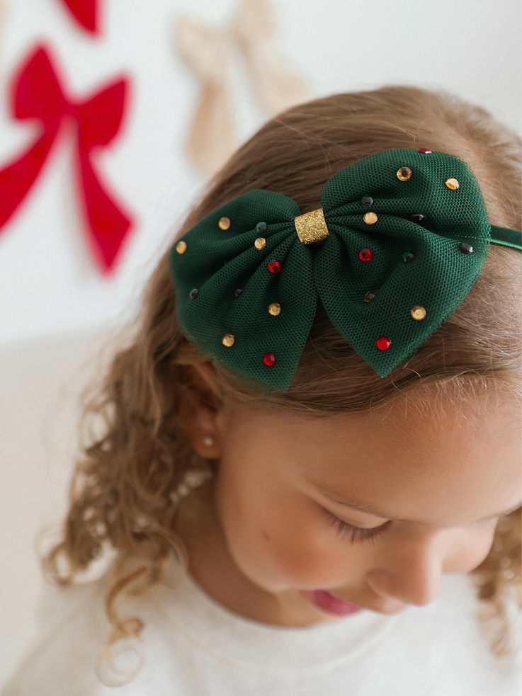 Image 2 of 2, Sweet Wink Emerald Rhinestone Christmas Tulle Bow Headband