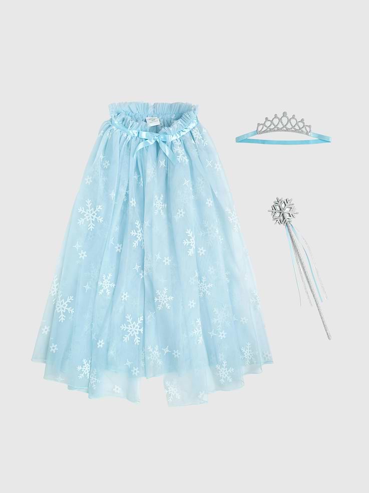 Image 1 of 6, Bring winter magic to life with a dress-up kit made for sparkling adventures, snowy twirls, and endless imagination. Sweet Wink dress up kits include everything a little one needs for the ultimate dress up ensemble., A dreamy light blue cape sprinkled with glitter and sparkling snowflakes, complete with a scalloped hem and easy Velcro closure so little ones can dress themselves for every winter adventure., Topped with a shimmering snowflake and finished with flowing ribbons, the magical wand is perfect for casting frosty spells, granting wishes, and adding sparkle to every twirl., A sparkling icy blue tiara that's lightweight, comfortable, and fit for every little snow princess or winter queen., Sweet Wink is a mother-daughter business - all items are designed in their New York showroom and every order is packed with love by their team of local employees and shipped form their hometown warehouse.