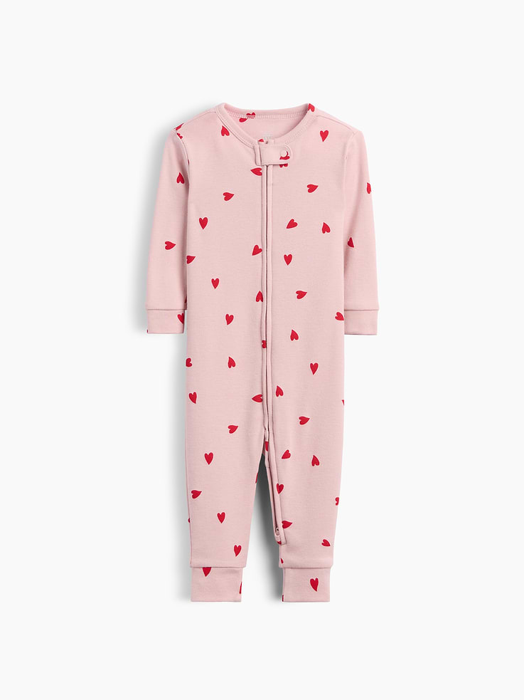 Image 1 of 3, Soft cotton jersey baby one-piece., Crewneck with snap tab to protect little chins., Long sleeves with foldover cuffs to prevent scratches., Reversible two-way zipper for easy dressing and diapering., Banded cuffs., Made with 100% organically grown cotton which is grown without the use of synthetic pesticides and fertilizers., Shop matching PJs for all., This product was made in a factory that invests in gender equity and women’s empowerment through RISE. Learn more at gapinc.com/equity ., Product #915915