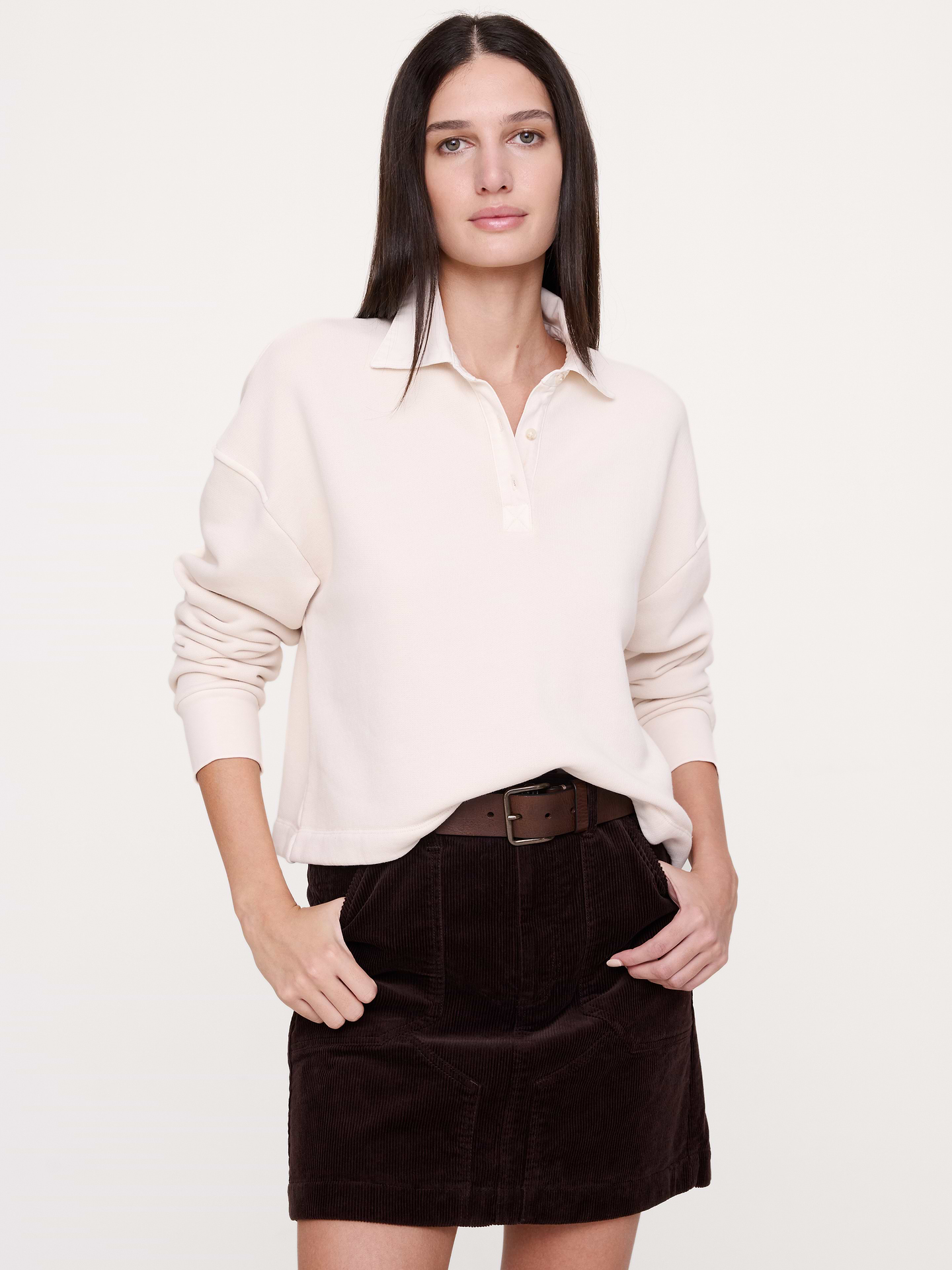 Image 1 of 4, We love French terry for its softness and all-weather weight. Here, a polo version of your fave sweatshirt, with a garment wash (for softness and an already-loved color)., Ultra-Oversized Fit: Lots of room through chest, shoulders, and waist. Dropped shoulder seam., Polo collar and button placket., Straight hem., Product #1183386