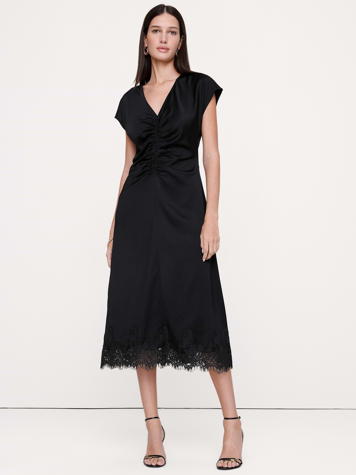 Stretch-Satin Ruched Midi Dress