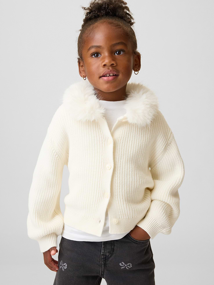 Image 1 of 4, Soft knit cotton cardigan sweater., Faux fur collar., Long sleeves., Button front., Ribbed cuffs and hem., Product #1184976