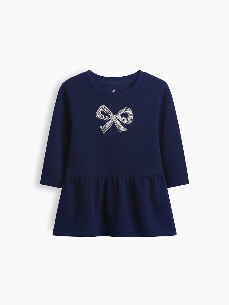 Image 1 of 2, Soft cotton-blend sweatshirt dress., Crewneck., Long sleeves., Bow graphic at front., Shirring at drop waist., Product #1185567
