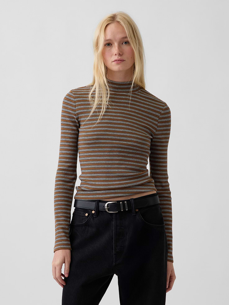 Image 1 of 4, Soft, ribbed stretch knit T-shirt. In a slightly cropped length., Mockneck., Long sleeves., Product #1185705