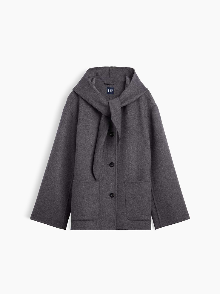 Image 5 of 5, Wool-Blend Hooded Tie-Neck Coat
