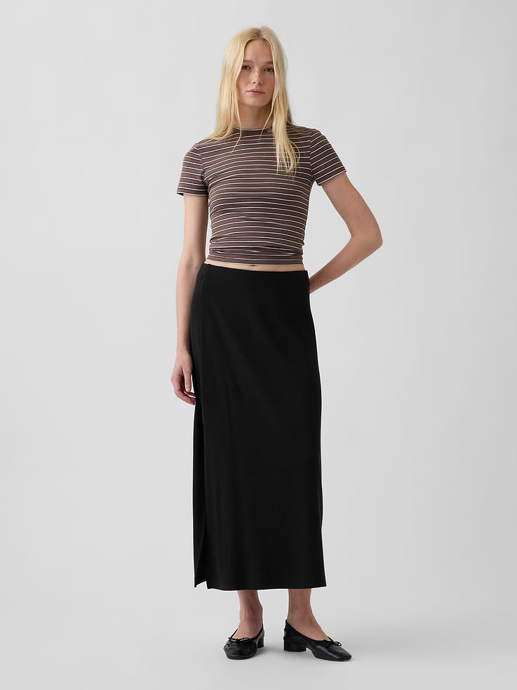 Image 1 of 5, Soft, ribbed stretch cotton-modal blend pull-on maxi skirt., Elasticized waistband., Side slit., Product #1195022