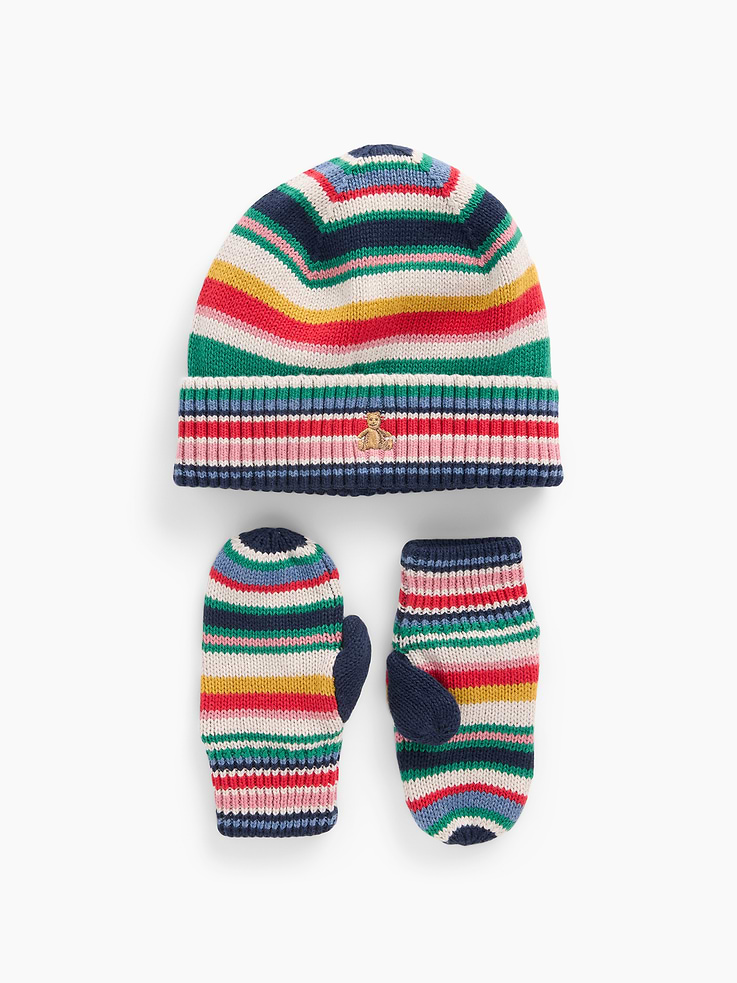 Image 1 of 2, Soft knit cotton beanie and mittens cold-weather accessories set., Embroidered Brannan Bear at rolled brim., Allover Happy Stripe., This product was made in a factory that invests in gender equity and women’s empowerment through RISE. Learn more at gapinc.com/equity ., Product #1189353