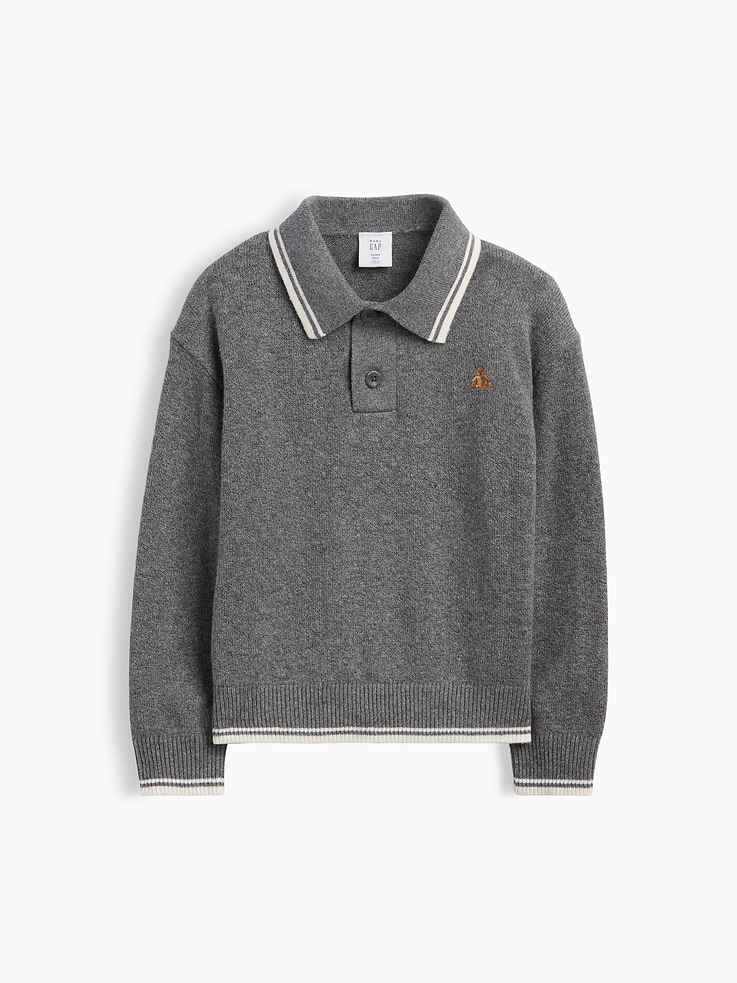 Image 1 of 4, Our bestselling fabric that feels cashmere-soft. Crafted in a midweight plush yarn. Refined with a special brushed technique. It's everyday luxury., Supersoft knit cotton-blend polo sweater., Spread collar with front button placket., Long sleeves., Embroidered Brannan Bear at chest., Ribbed cuffs and hem., This product was made in a factory that invests in gender equity and women’s empowerment through RISE. Learn more at gapinc.com/equity ., Product #909749