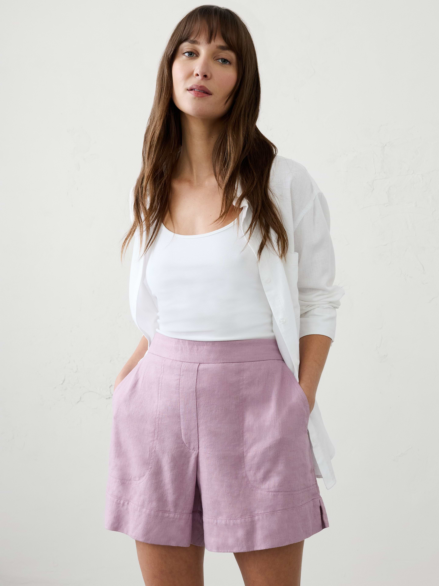 Image 1 of 7, Our best‑selling short is designed with a clean flat front and an easy pull‑on back waistband for the perfect balance of polish and comfort. Crafted from a soft linen blend, it offers a lightweight, breathable feel that's ideal for warm‑weather dressing., Flat front. Elasticized back waistband., Off-seam front pockets., Vented leg hem., Made exclusively for Banana Republic Factory., Product #1178126
