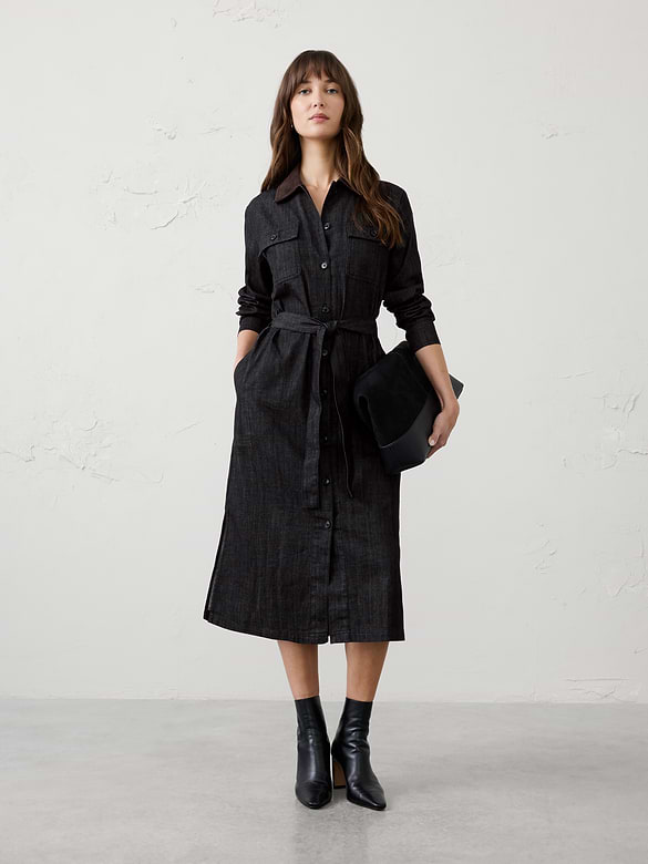 Contrast-Collar Utility Midi Shirtdress