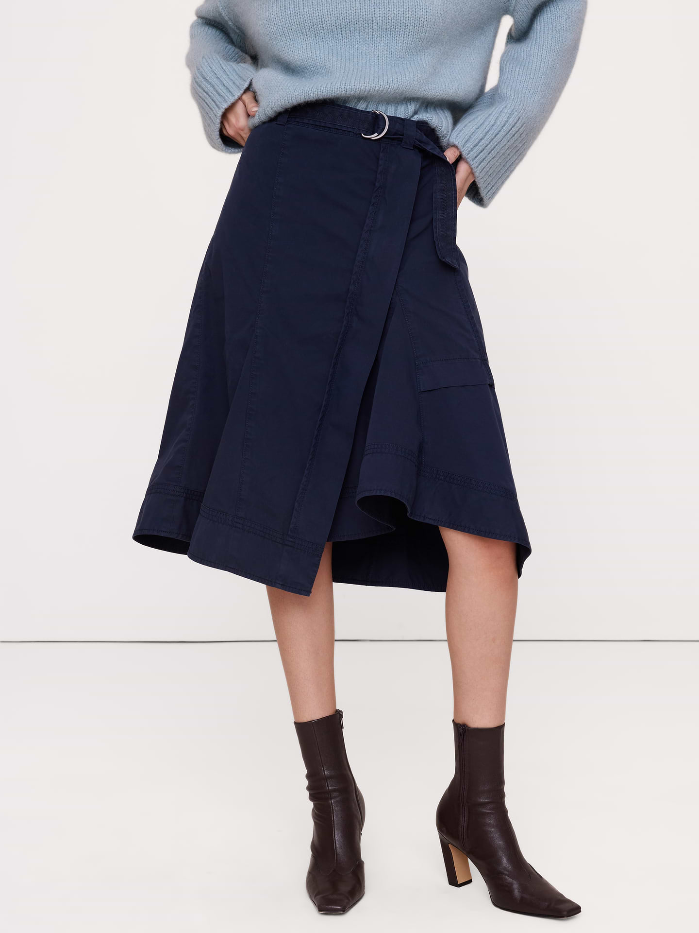 Image 3 of 3, Asymmetric Cotton-Twill Belted Midi Skirt