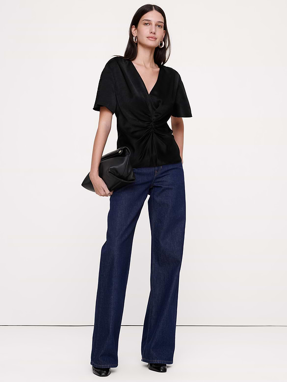 Hammered Satin Ruched-Waist Top