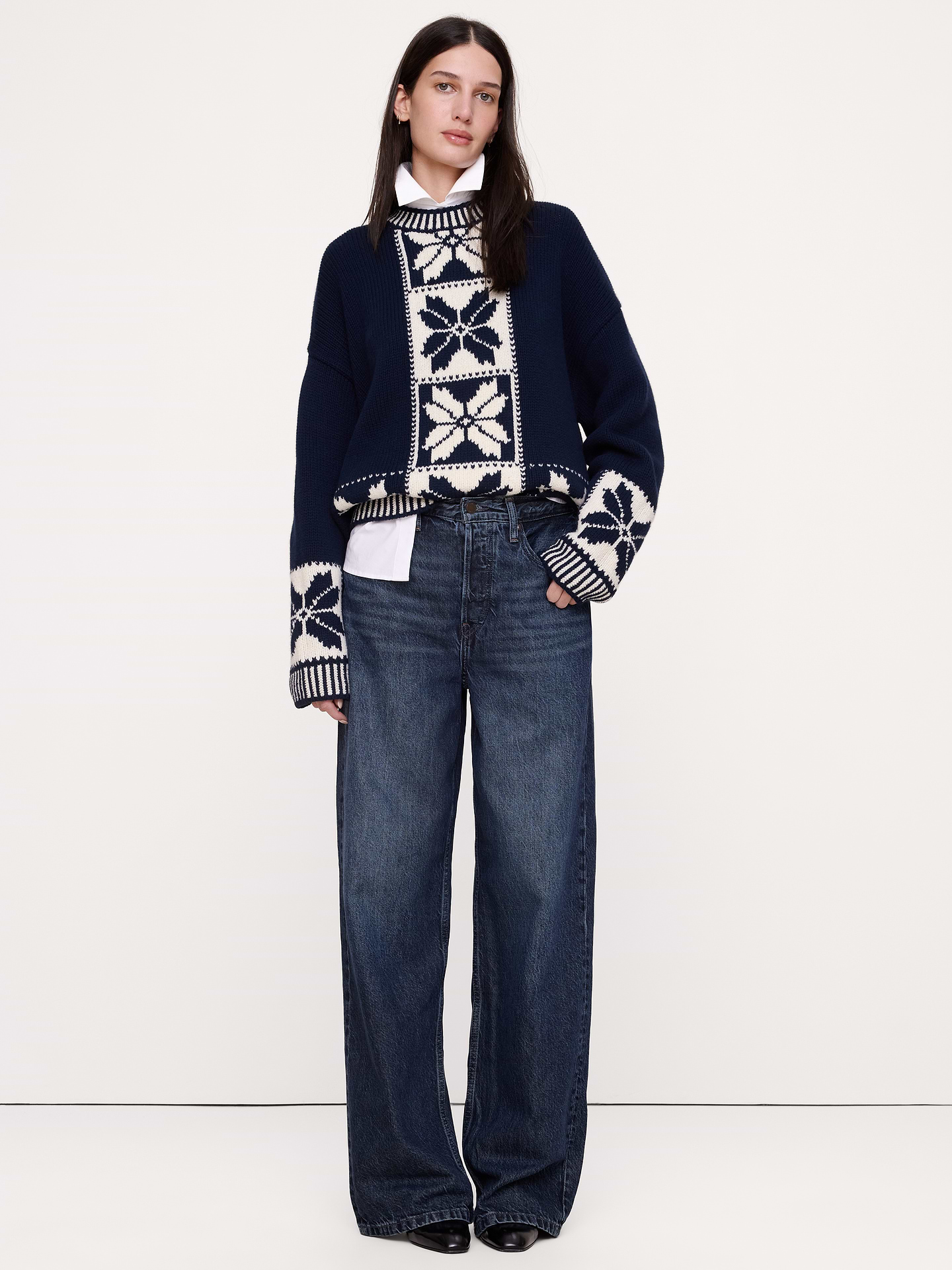 Image 1 of 6, We borrowed the snowflake motif here from a vintage sample we found in the BR Archives, recreating it in a blend of warm wool and cotton yarns so it's ideal for cold weather. We love the modern, après-ski vibe., Ultra-Oversized Fit: Lots of room through chest, shoulders, and waist. Dropped shoulder seam., Crew neck., Straight hem., Product #1184639