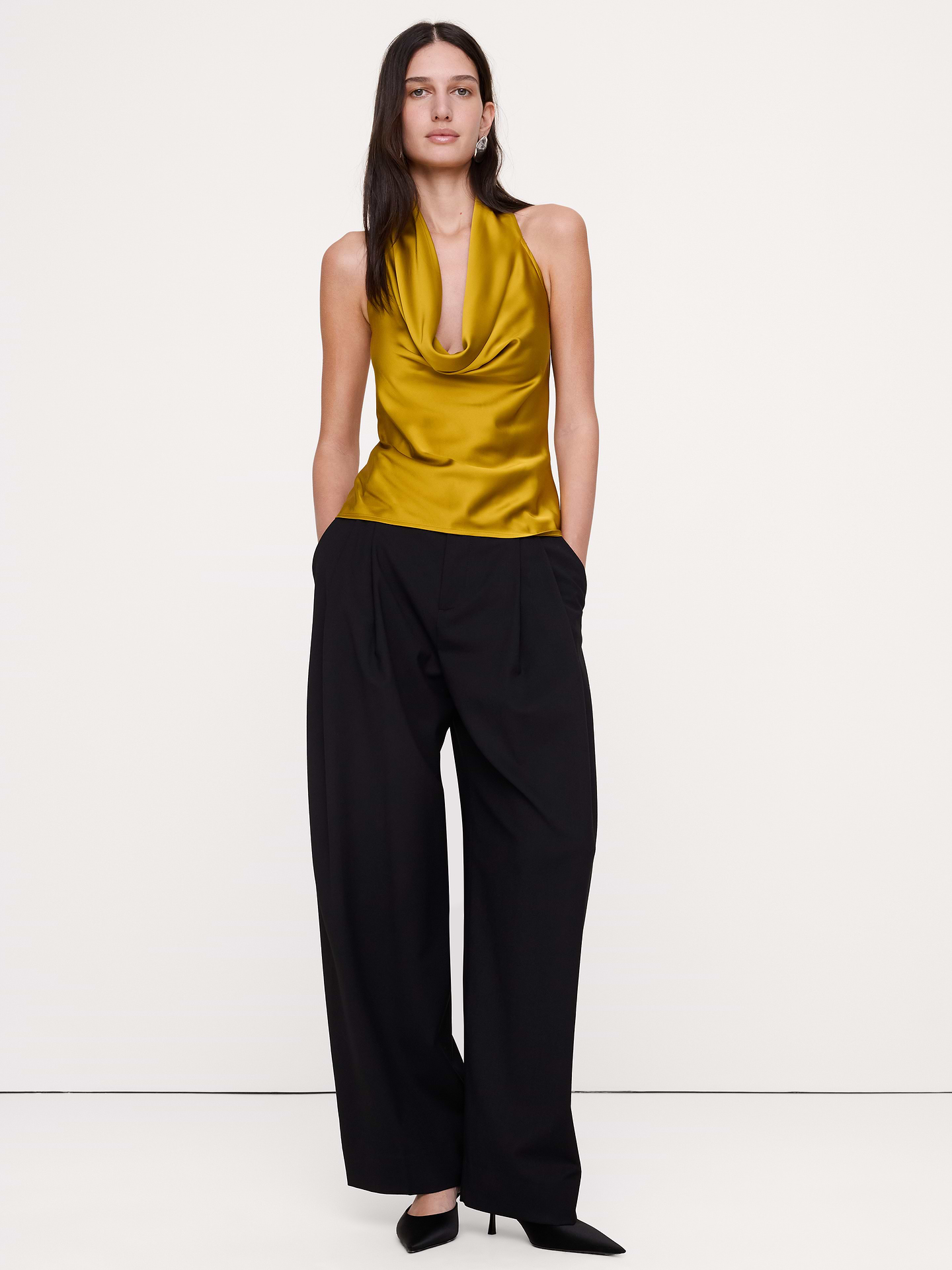 Image 1 of 8, The vibe is Y2K, and we cut this throwback halter top from a stretch-satin fabric so it looks (and feels) fabulous. Plus, we added a drapey cowl neck and left the back open., Fitted: Slim. Sits close to the body., Halter with cowl neck. Button-loop closure at back., Straight hem., Product #1183816