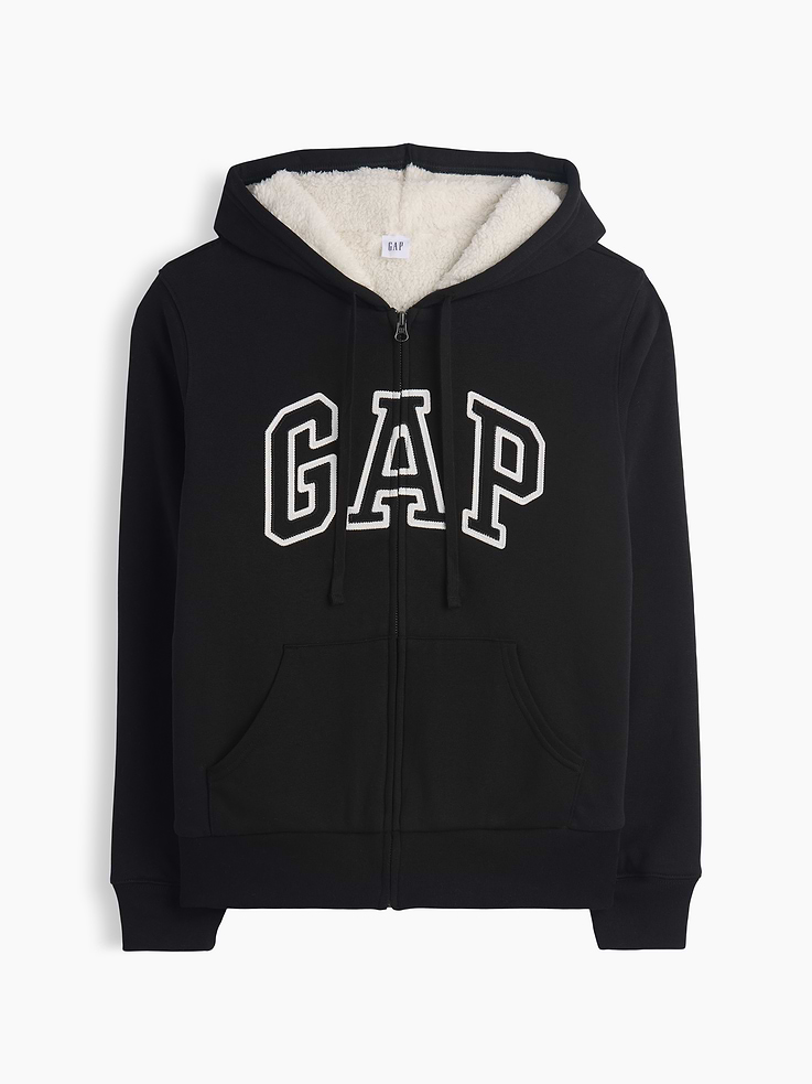 Image 1 of 2, This product is made with/contains 23% recycled polyester. Compared to virgin materials, using recycled materials helps reduce resource use and waste., Soft French terry., Cozy sherpa lining at hood and body., Dropped shoulder, long sleeves with banded cuffs., Drawcord ties at hood, zip front., Gap logo at front., Kanga pockets., Banded hem., Product #1178027