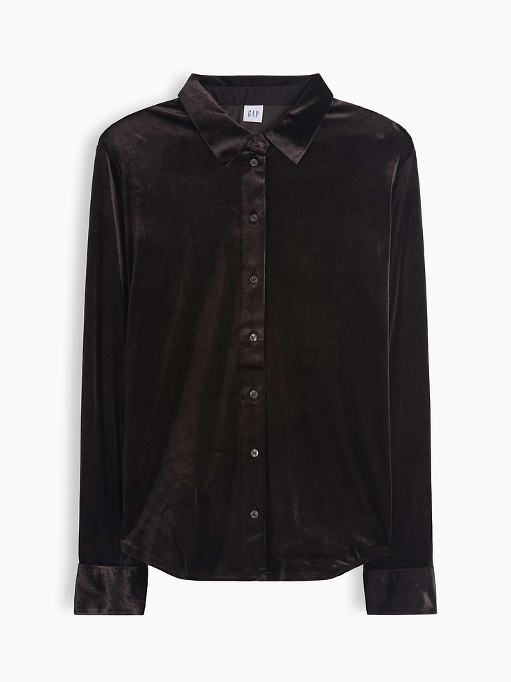 Image 1 of 2, This product is made with/contains 90% recycled polyester. Compared to virgin materials, using recycled materials helps reduce resource use and waste., Stretch velour knit., Long sleeves with button cuffs., Spread collar, button front., Curved shirttail hem., This product was made in a factory that invests in gender equity and women’s empowerment through RISE. Learn more at, Product #1184445