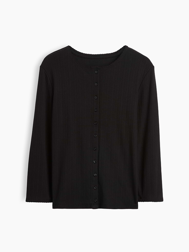 Image 1 of 2, Soft pointelle-knit cardigan. In a slightly cropped length., Crewneck., 3/4 sleeves., Button front., Picot trim at hem., Product #1197383