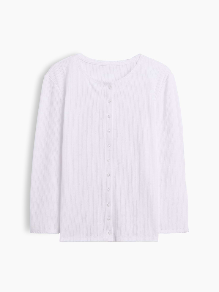 Image 1 of 2, Soft pointelle-knit cardigan. In a slightly cropped length., Crewneck., 3/4 sleeves., Button front., Picot trim at hem., Product #1197383