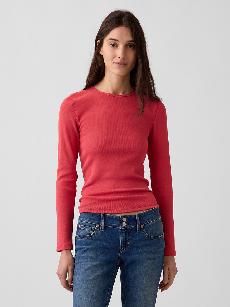 Image 1 of 5, Soft, stretch ribbed cotton-modal blend T-shirt in a slightly cropped length., Crewneck., Long sleeves., Certain styles have allover stripes., Explore our GapTees Guide ., Product #874457