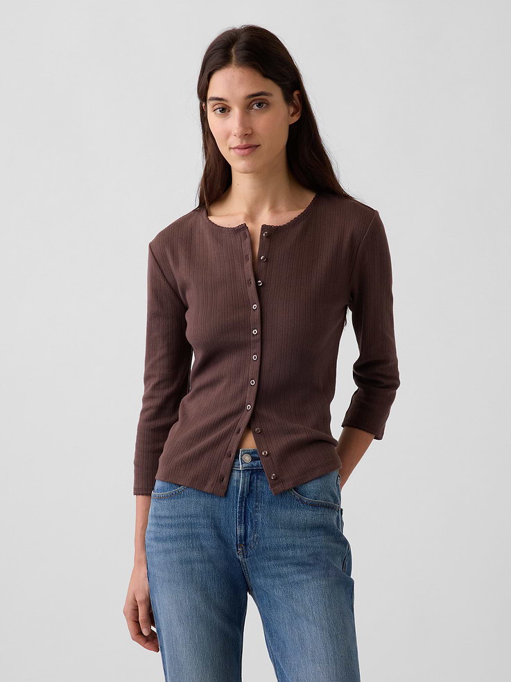 Image 1 of 5, Soft pointelle-knit cardigan. In a slightly cropped length., Crewneck., 3/4 sleeves., Button front., Picot trim at hem., Product #1197383