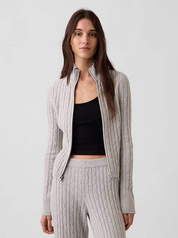 CashSoft Cable-Knit Zip Cardigan