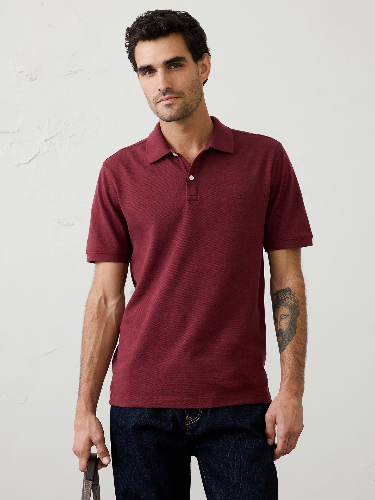 Image 1 of 8, Polo collar with button placket. Short sleeves., Embroidered monogram on chest., Straight hem with side vents., Made exclusively for Banana Republic Factory., Product #719664