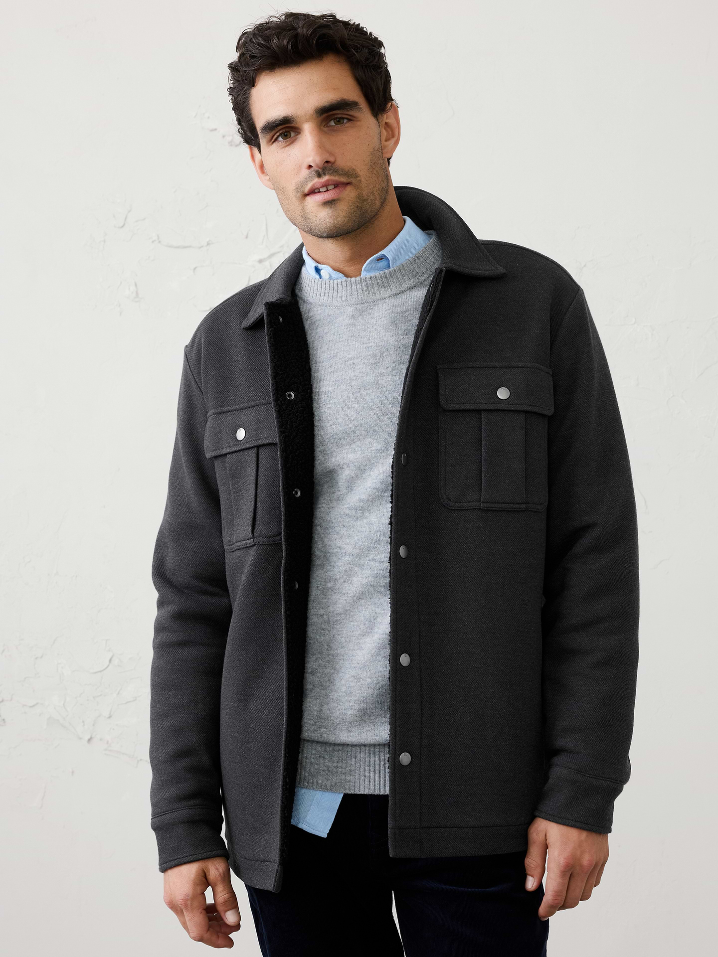 Image 1 of 3, Designed for exceptional comfort, this shirt jacket features a cozy sherpa lining that adds warmth and softness throughout., Point collar. Long sleeves with snap cuffs., Snap-front closure., Side-entry pockets., Chest pockets., Made exclusively for Banana Republic Factory., Product #1181076