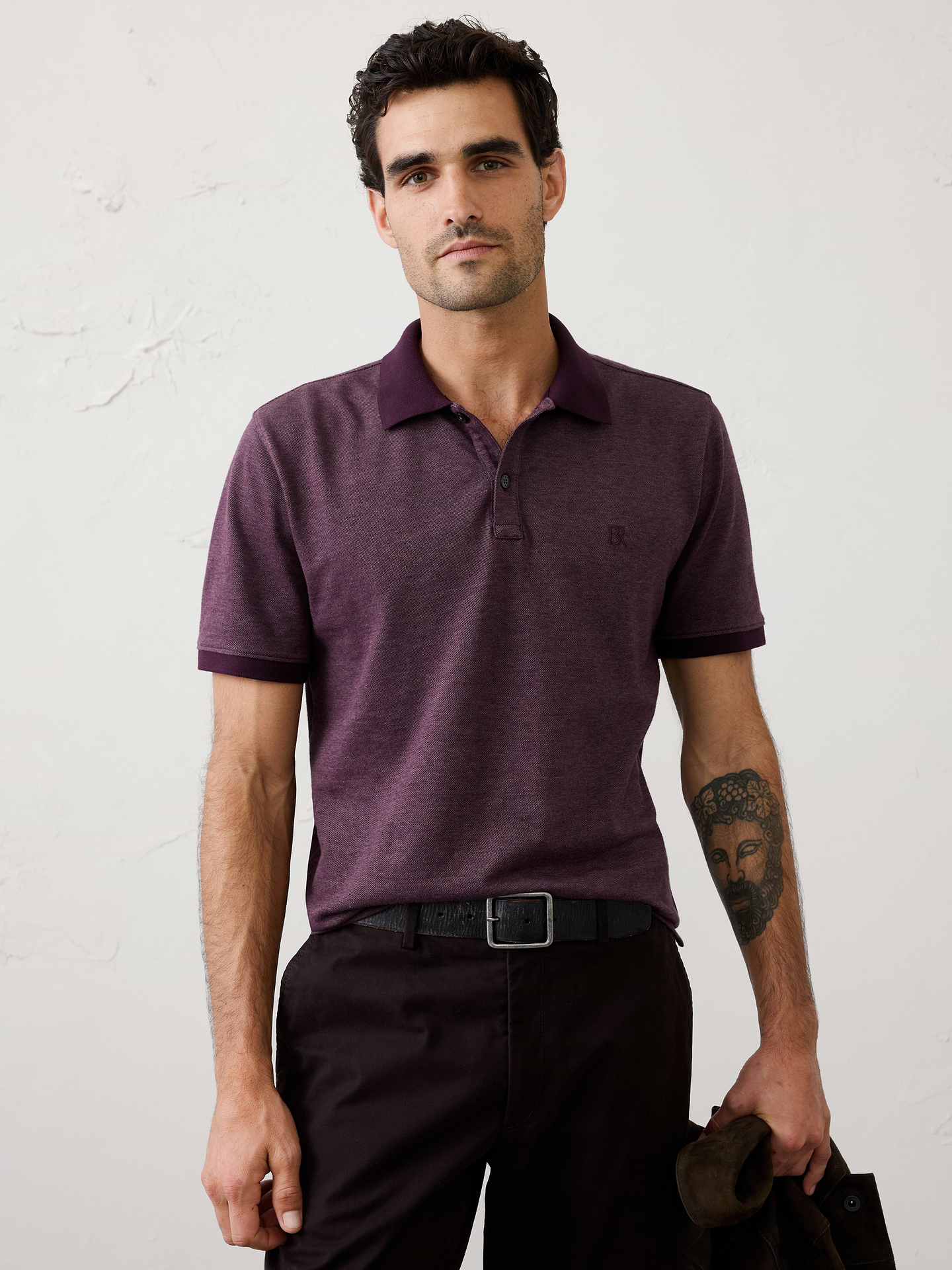 Image 1 of 8, Polo collar with button placket. Short sleeves., Embroidered monogram on chest., Straight hem with side vents., Made exclusively for Banana Republic Factory., Product #719664