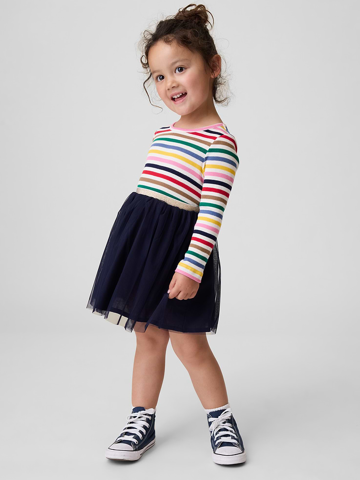 Image 1 of 4, Soft, ribbed knit cotton top and poplin-lined skirt with a mesh tulle top layer., Round neck., Long sleeves., Striped top., Elasticized sparkle waistband., Layered skirt., Product #1185504