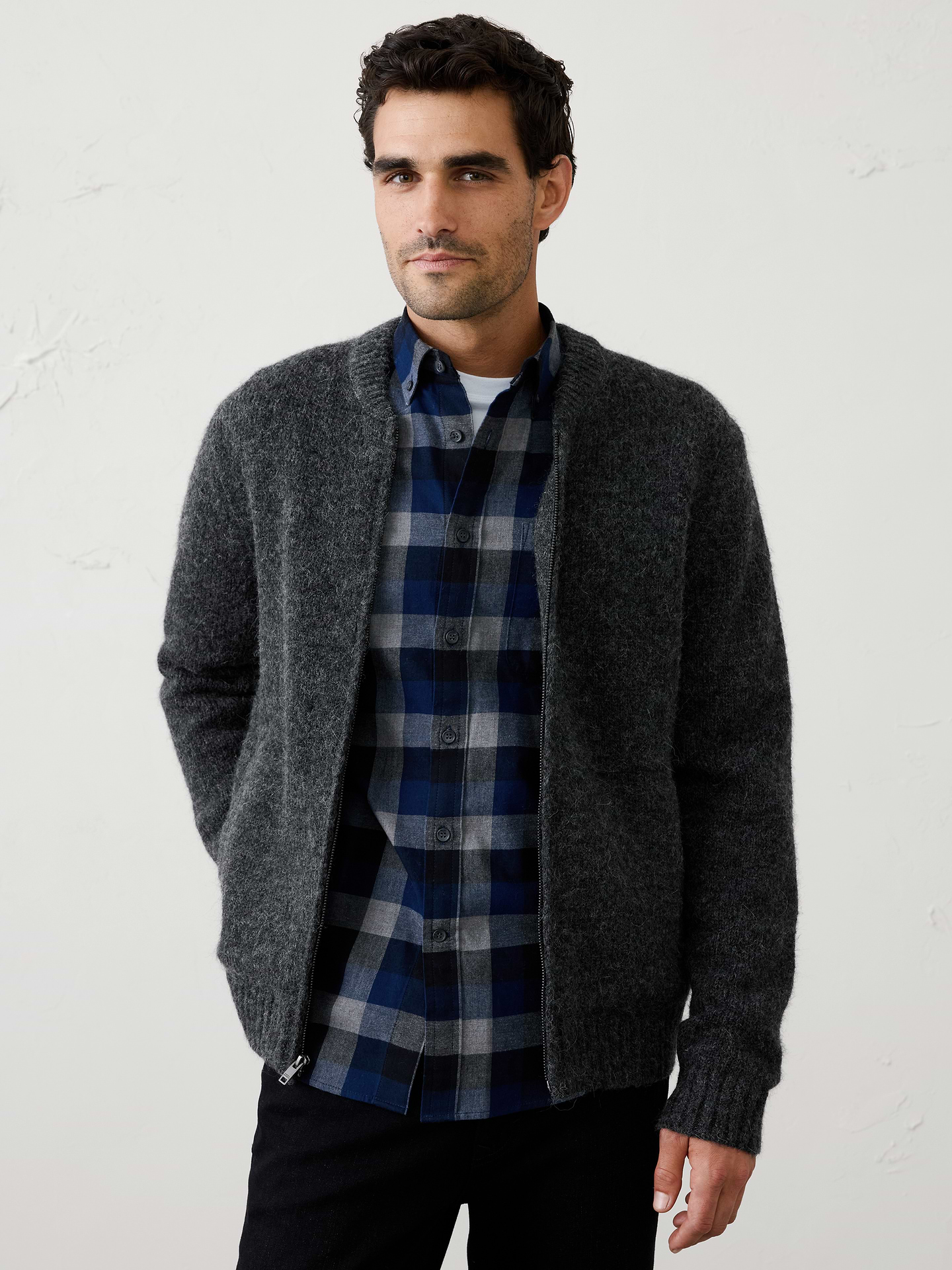 Image 1 of 4, Cozy meets contemporary in this bomber sweater jacket, crafted from a soft, hairy yarn that adds rich texture and a plush hand feel. The relaxed bomber silhouette offers an easy, versatile layer for cooler days, while the fuzzy knit creates dimension and warmth without feeling heavy., Full zip-front closure., Classic bomber jacket silhouette., Vertical welt front pockets., Ribbed neckline, arm cuffs and hem., Made exclusively for Banana Republic Factory., Product #1175826