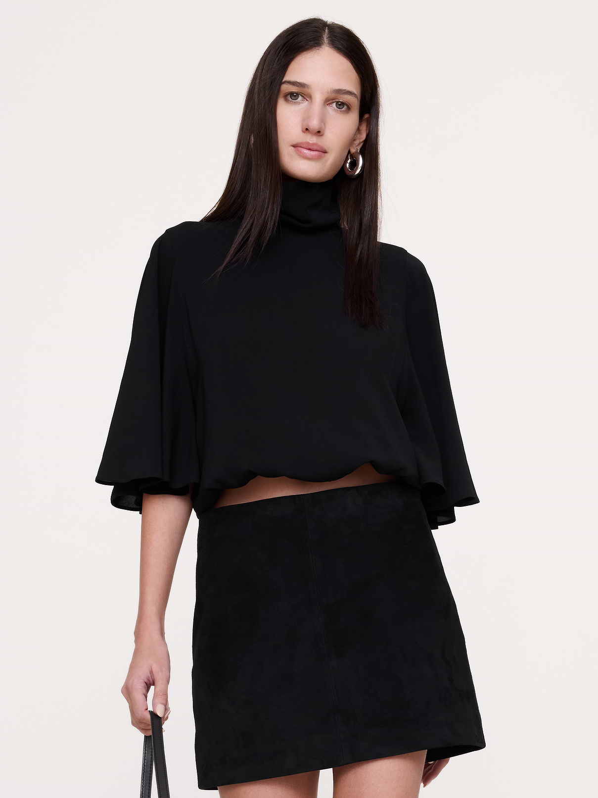 Georgette Ruched Mock-Neck Cropped Top