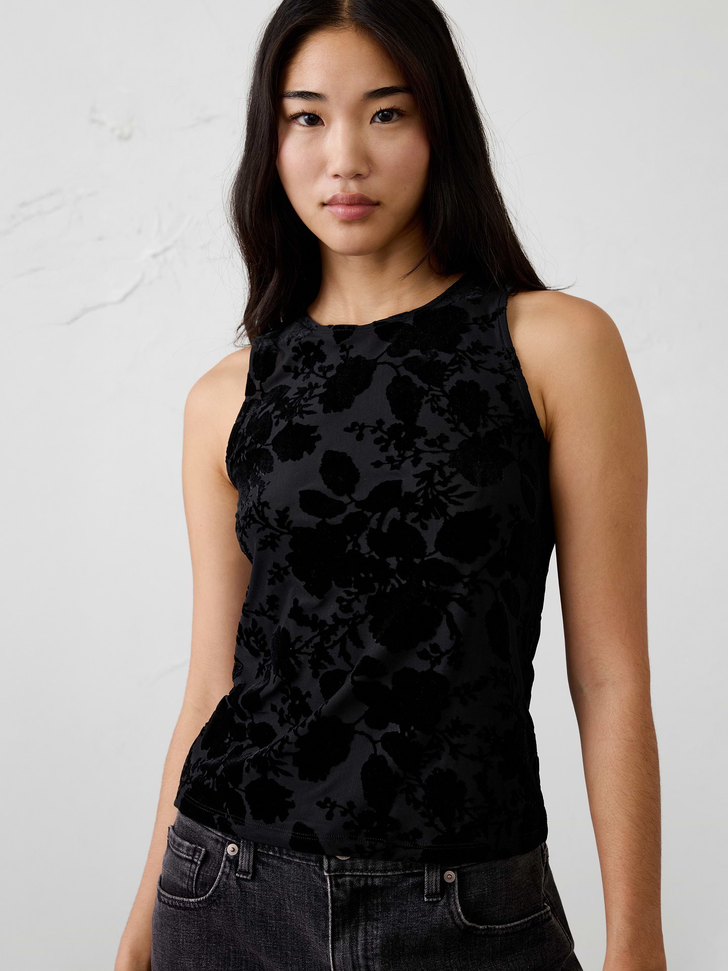 Image 1 of 5, Elevate your occasion wardrobe with this velvet top, crafted in a richly textured fabric featuring an elegant floral design., Crew neck. Sleeveless., Fitted at the waist., Made exclusively for Banana Republic Factory., Product #1186027