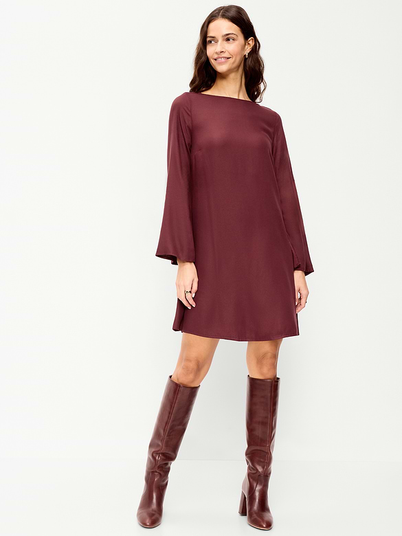 Long-Sleeve Crepe Swing Mini Dress