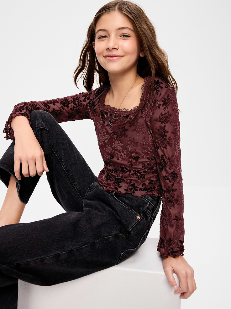 Image 1 of 4, square neck, lace-trim in neckline, long sleeves, tonal floral pattern, Product #1181554
