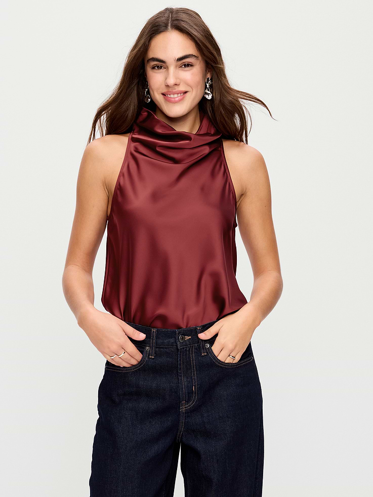 Image 3 of 9, Satin Cowl-Neck Tank Top