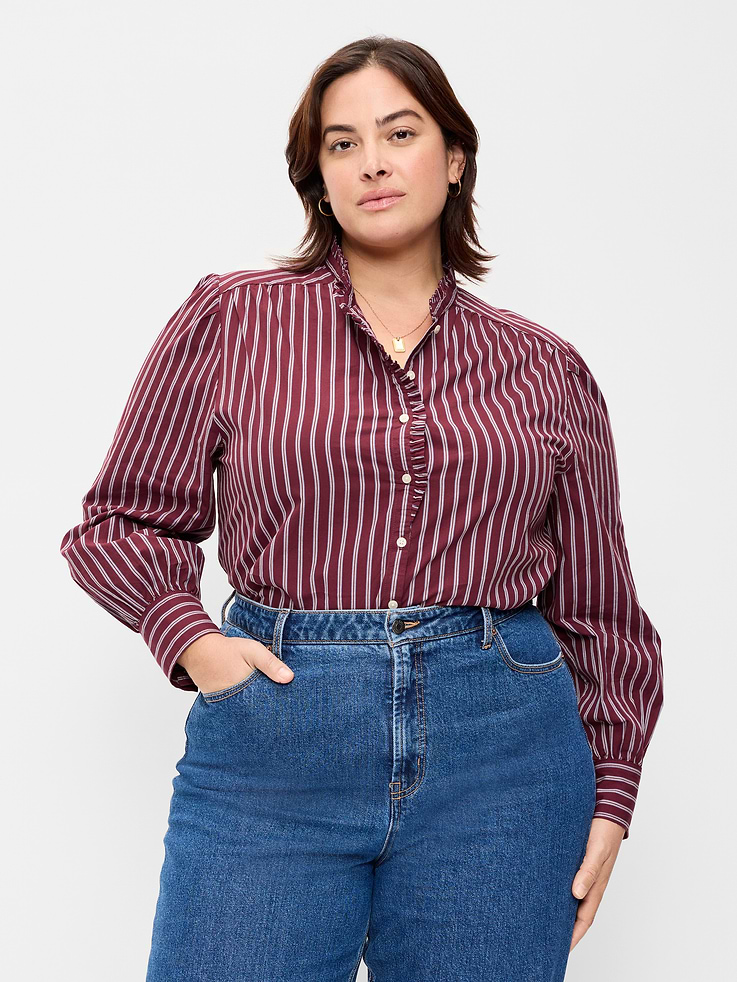 Image 4 of 6, Ruffle-Front Button-Down Shirt