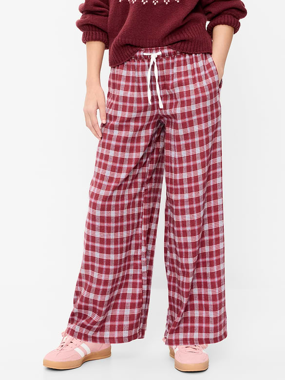 Pull-On Wide-Leg Flannel Plaid Pants for Girls
