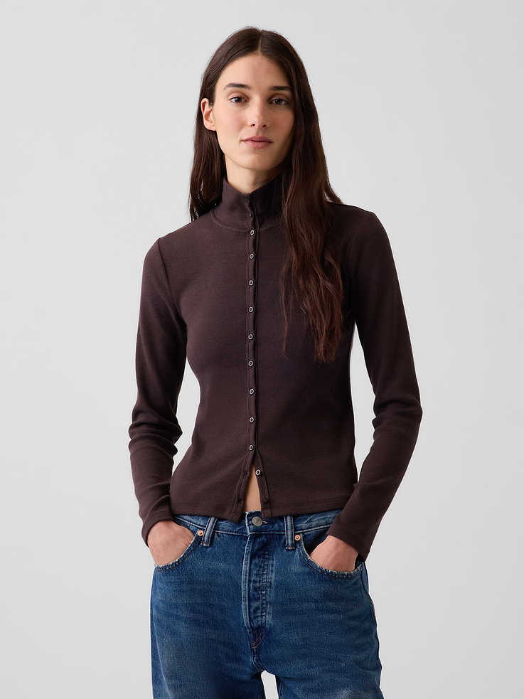 Image 1 of 5, Soft, ribbed stretch knit cardigan., Mockneck., Long sleeves., Button front., This product was made in a factory that invests in gender equity and women’s empowerment through RISE. Learn more at gapinc.com/equity ., Product #1195086