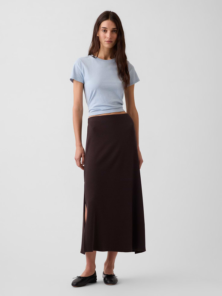 Image 1 of 5, Soft, ribbed stretch cotton-modal blend pull-on maxi skirt., Elasticized waistband., Side slit., Product #1195022