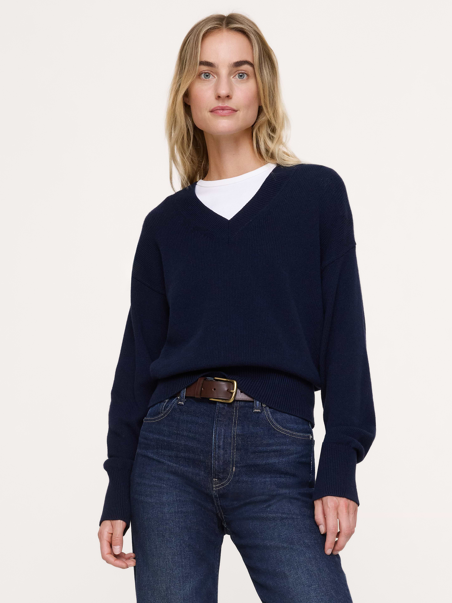 Image 1 of 7, Cotton + cashmere = match made in heaven. We kept the design easy here, opting for a classic v-neck and relaxed silhouette to show off this special (and super-soft) yarn. Did we mention it's Italian?, Ultra-Oversized fit: Lots of room through chest, shoulders, and waist. Dropped shoulder seam., Fabric from Italy's Millefili mill., V-neck., Straight hem., Product #1180229