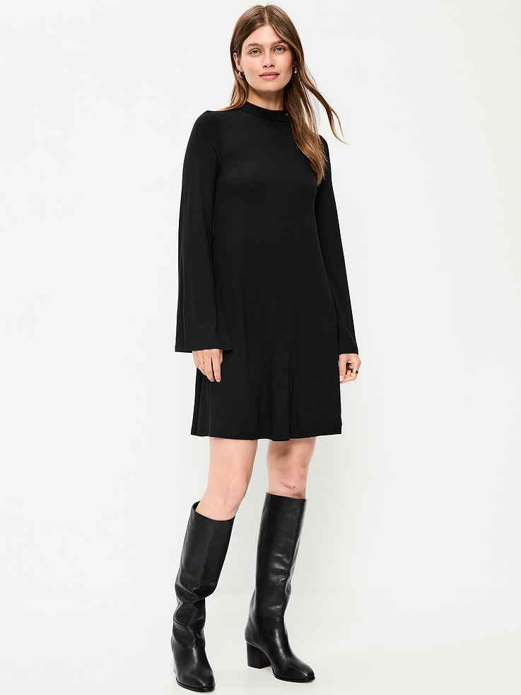 Image 3 of 9, High-Neck Jersey Mini Swing Dress