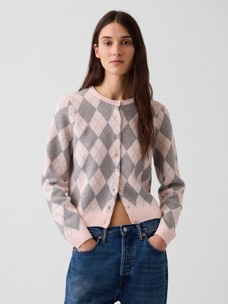 Image 1 of 5, Our bestselling fabric that feels cashmere-soft. Crafted in a midweight plush yarn. Refined with a special brushed technique. It's everyday luxury., Supersoft knit cropped cardigan., Crewneck., Long sleeves with ribbed cuffs., Button front., Ribbed hem., Certain styles have an allover print., Product #800546