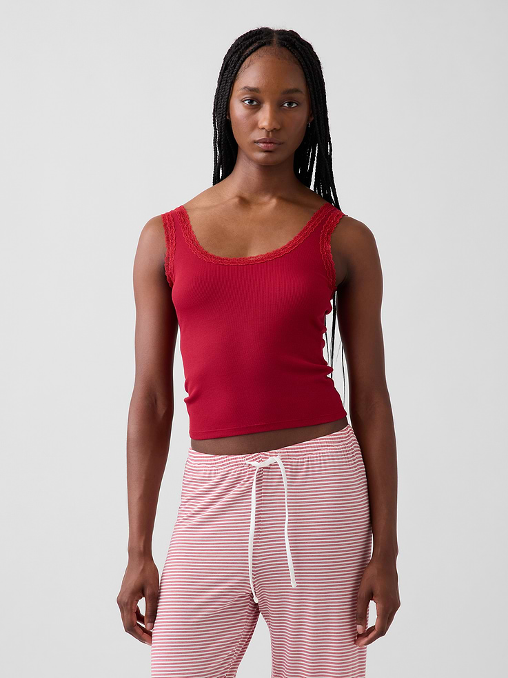 Image 1 of 5, Our slinky-soft, second-skin rib. Made with an ultra-fine texture that hangs just right., Supersoft ribbed modal-blend pajama tank top. In a slightly cropped length., Scoop neck., Tank straps., Floral lace trim at neckline and arm openings., Certain styles have an allover print., Product #909158