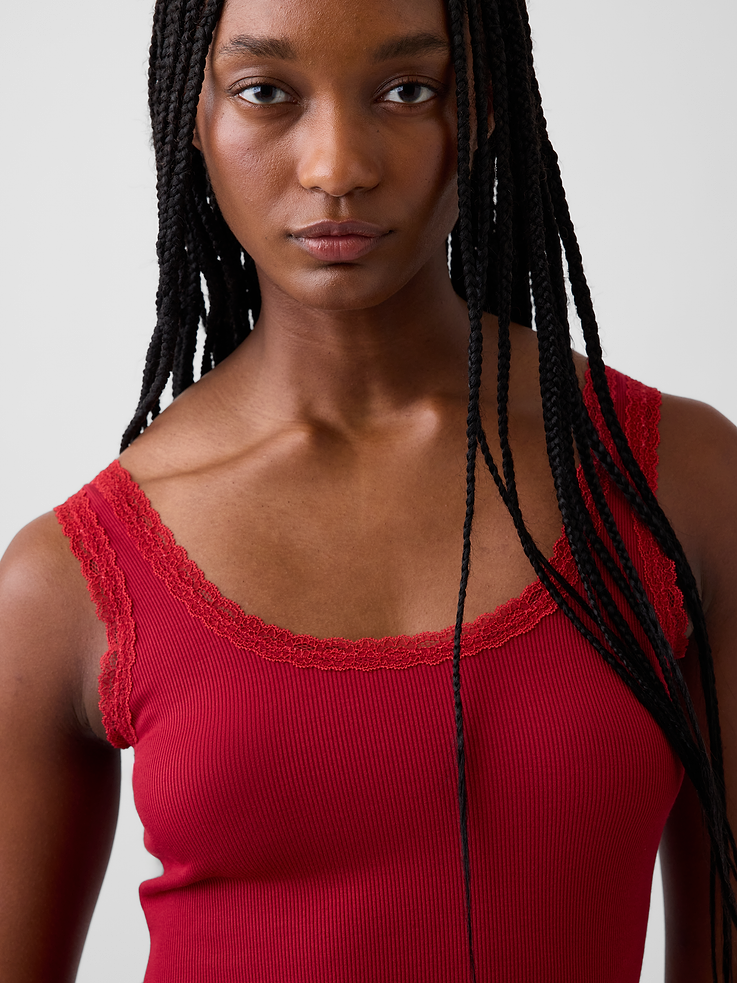 Image 4 of 5, Mini Rib Lace-Trim PJ Tank Top