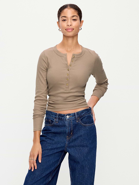 Snug Long-Sleeve Ribbed Henley T-Shirt