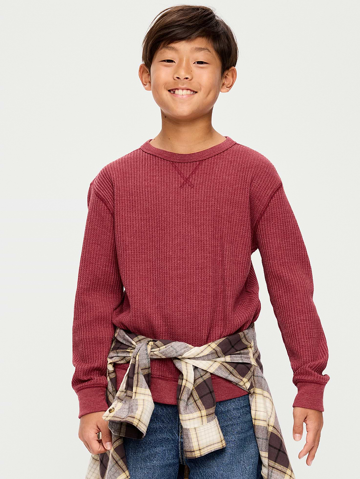 Image 1 of 3, crew neck, long sleeves, select colors feature three-button henley placket, Product #1184469
