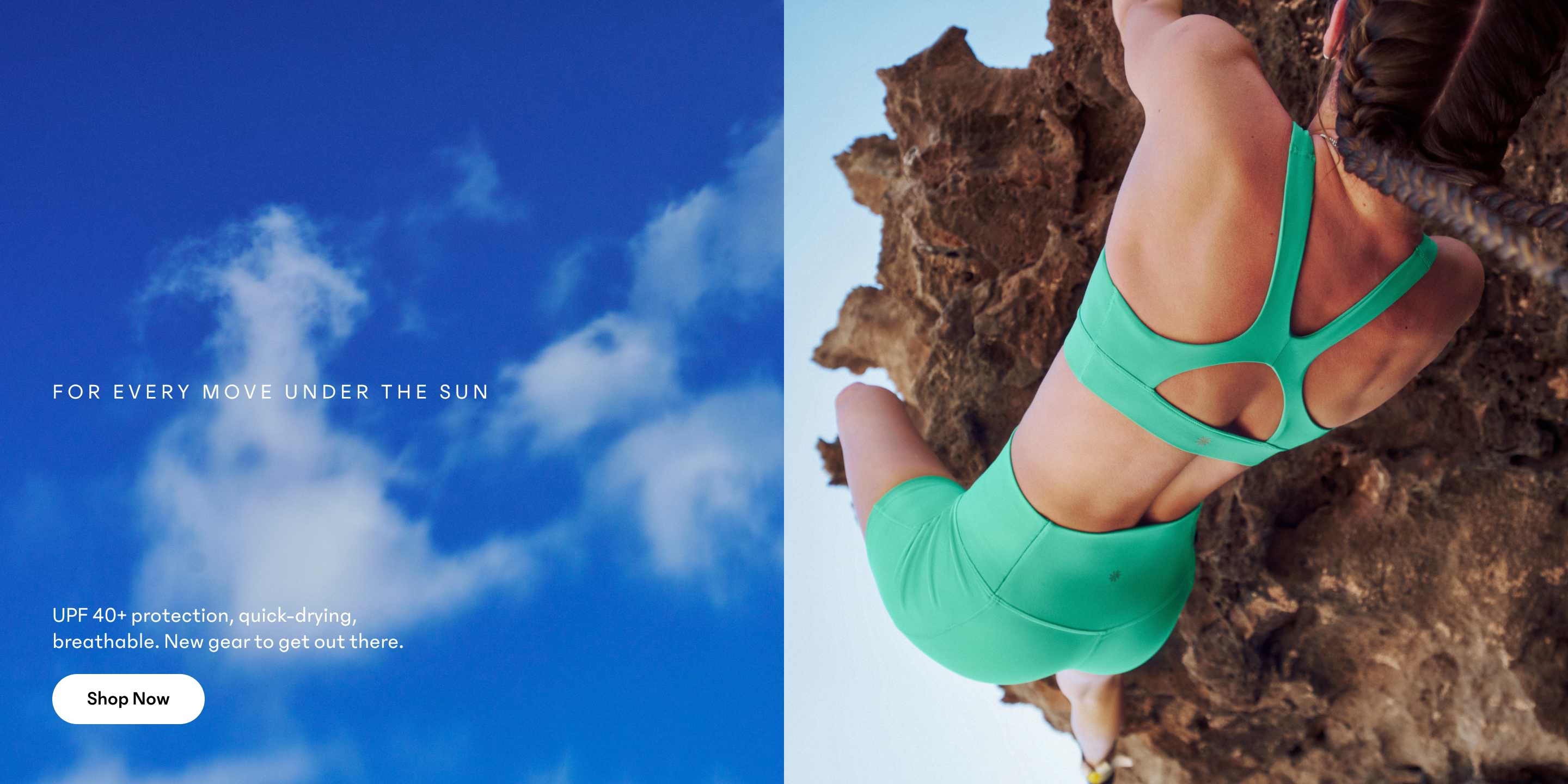 Person in green activewear rock climbing on a sunlit cliff, with blue sky and text promoting UPF 40+ breathable gear.