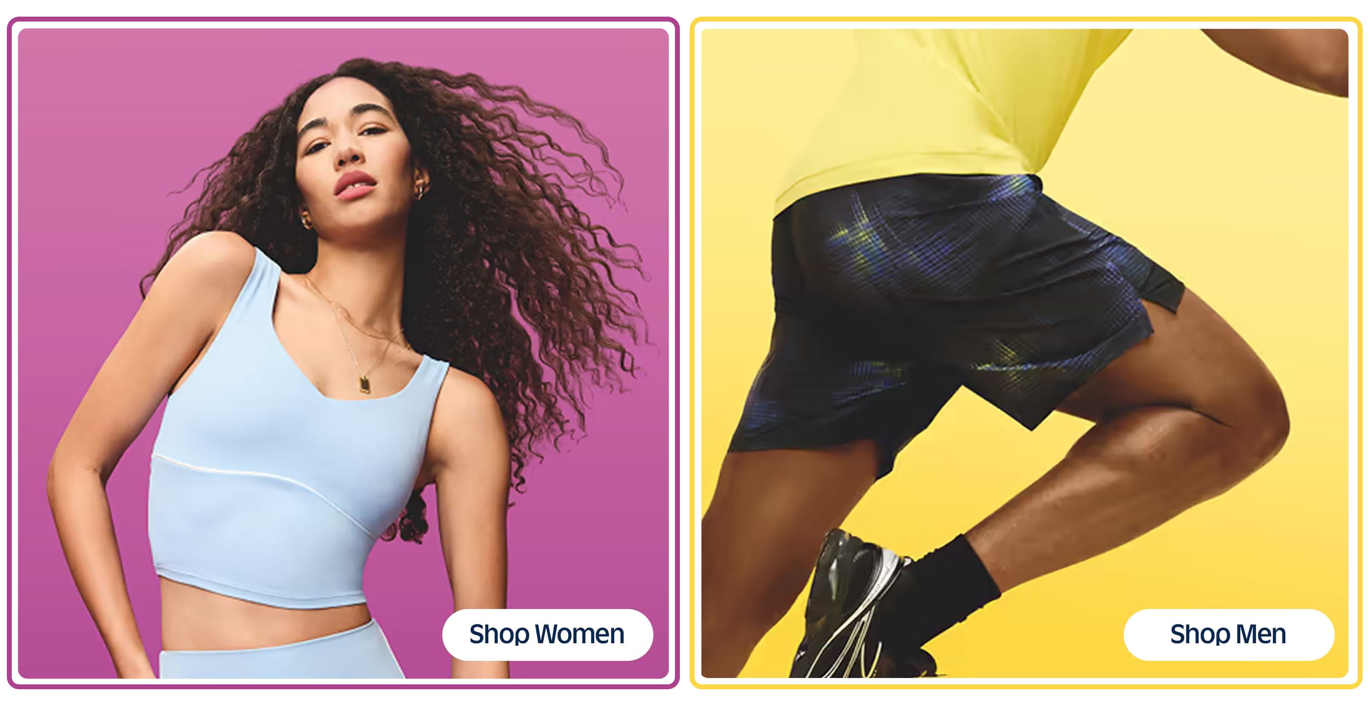 two women in running shoes and shorts are shown on a purple and yellow background