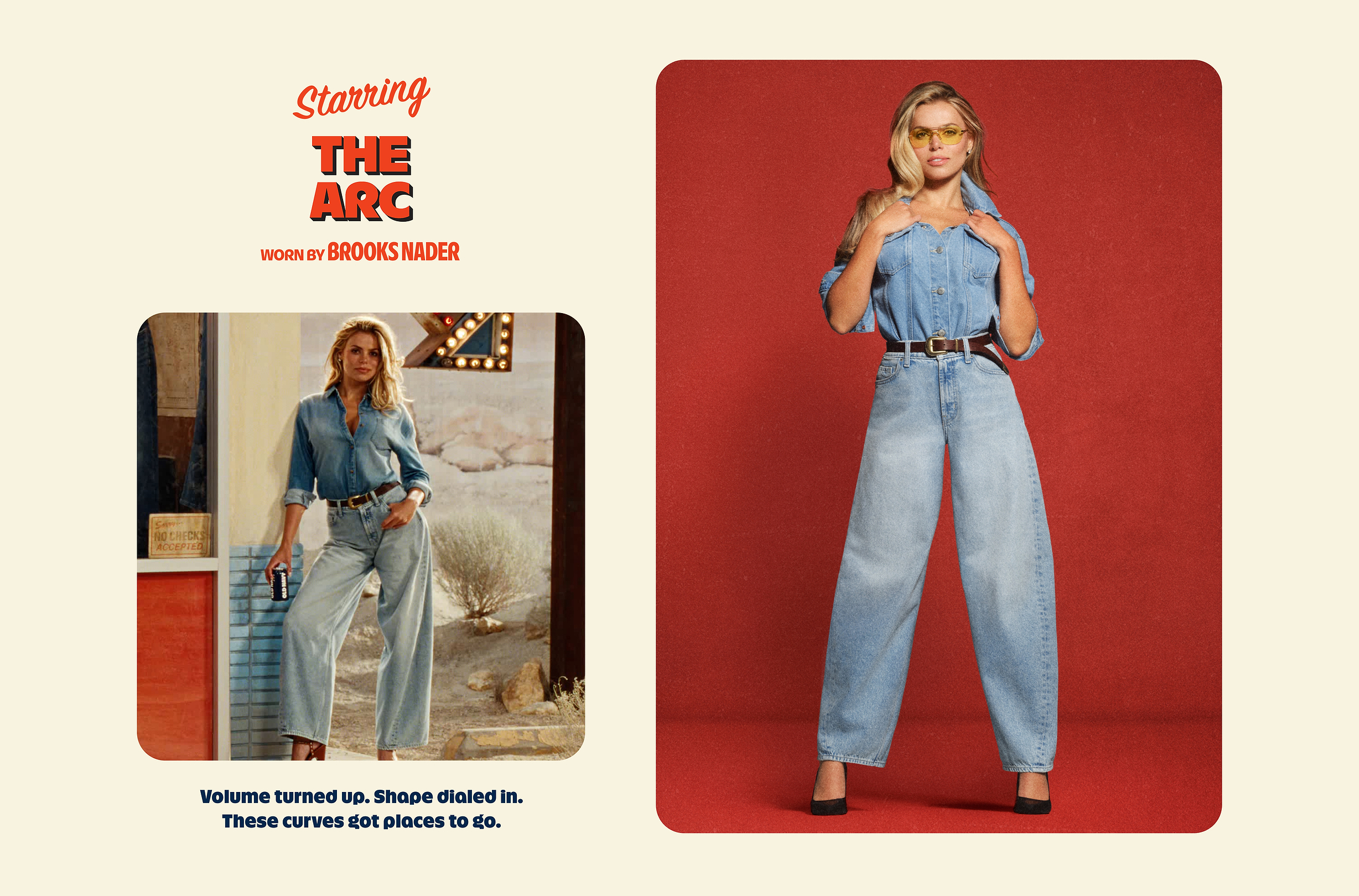 Fashion ad showing a woman in light‑wash, high‑waisted wide‑leg jeans and a denim shirt—full length on a red backdrop, with a smaller outdoor shot. Headline: “Starring The Arc.”